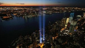 The "Tribute in Light" marks where the World Trade Center buildings stood to commemorate the 11th anniversary of the September 11 terrorist attacks on Tuesday, September 11.